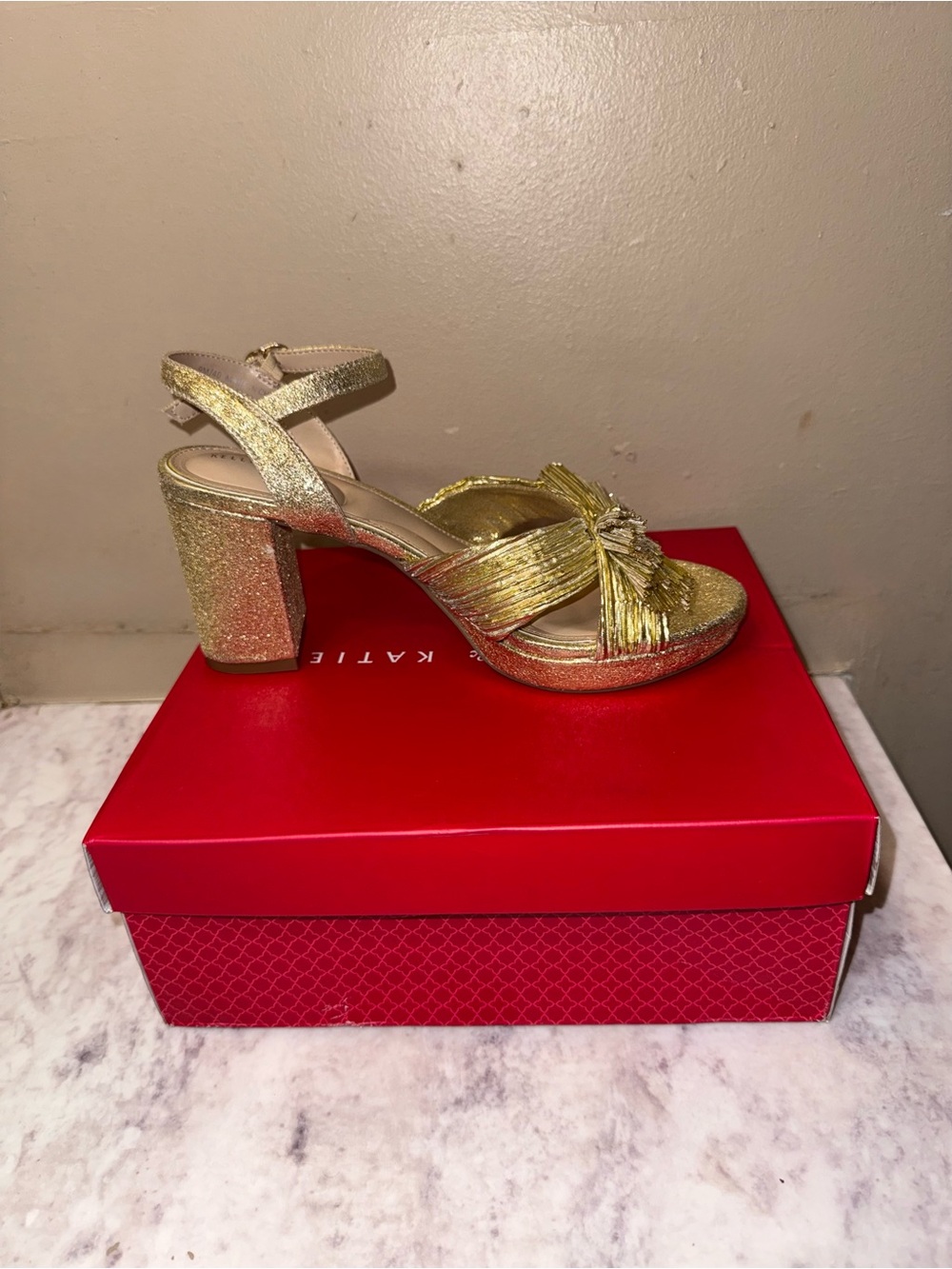 Kelly & Katie Gold Metallic Knot Platform Block Heels